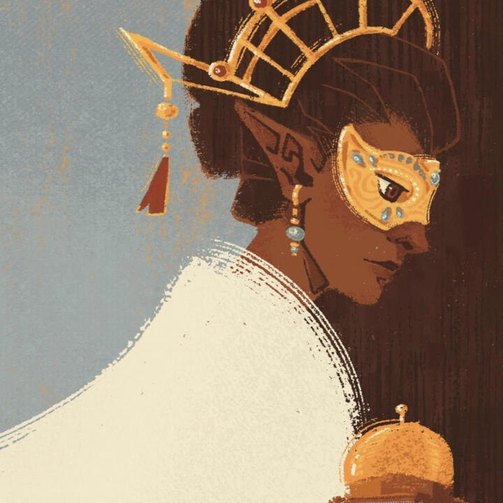 Close-up of the book protagonist Talgel, a medium dark skinned female elf that wears a masquerade mask